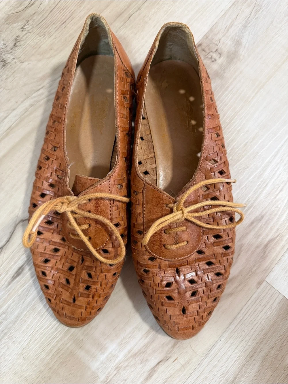 Brown Leather Huarache Oxford Flats Size Marked 38 40 Woven Boho Shoes